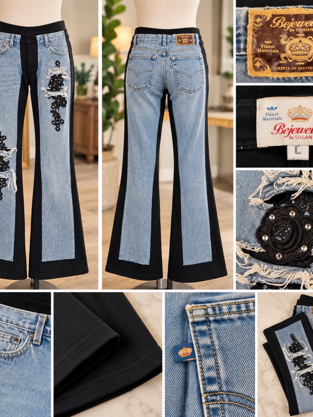 Bejeweled Susan Fixel Jeans L Embellished Patchwork Flare Y2K Sz L 10-12.